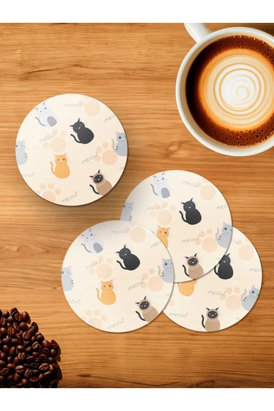 Panorama Ajans Tatlı Kediler Pattern Pastel Hayvan 4'lü Ahşap Bardak Altlığı ürün görseli 1