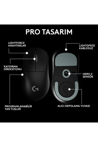 logitech G PRO X SUPERLIGHT 2 DEX LIGHTSPEED HERO 2 32K DPI Sensör PC/Mac için Kablosuz Oyun Mouse'u - Siyah - 8