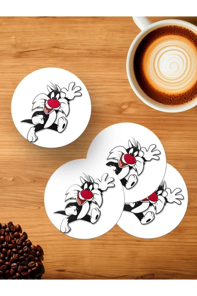 Panorama Ajans Sylvester Yavru Kedi Çizgi Film 4'lü Ahşap Bardak Altlığı ürün görseli 1