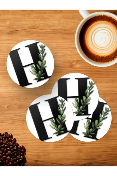 Panorama Ajans H Harfi Yeşil Yapraklı 4'lü Ahşap Bardak Altlığı ürün görseli 1