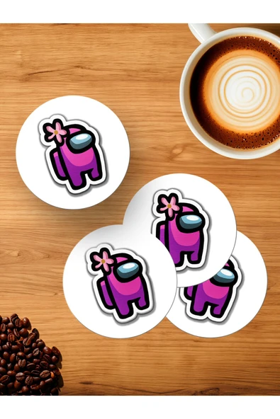 Panorama Ajans Among Us Severlere Pembe Karakter Sticker 4'lü Ahşap Bardak Altlığı ürün görseli 1