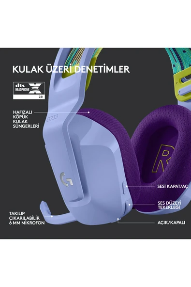 logitech G G733 LIGHTSPEED RGB Kablosuz 7.1 Surround Ses Oyuncu Kulaklığı - Lila - 6