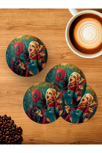Panorama Ajans Deadpool ve Harley Quinn Marvel Tasarım 4'lü Ahşap Bardak Altlığı ürün görseli 1