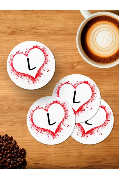 Panorama Ajans L Harfi Kalp 4'lü Ahşap Bardak Altlığı ürün görseli 1