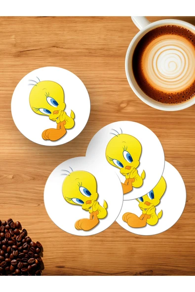 Panorama Ajans Tweety kuş Sevgiliye Hediye 4'lü Ahşap Bardak Altlığı ürün görseli 1