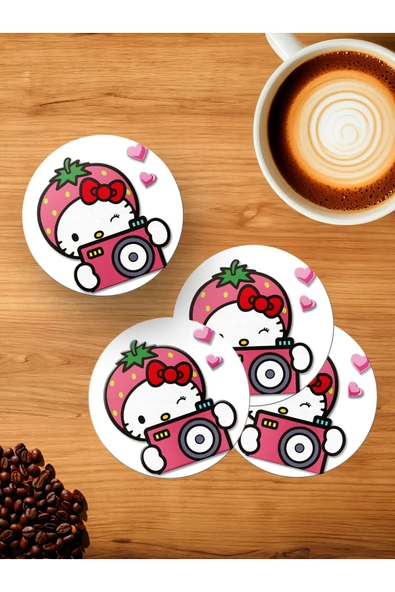 Panorama Ajans Hello Kitty Tatlı Cute Çocuk Hediye 4'lü Ahşap Bardak Altlığı ürün görseli 1