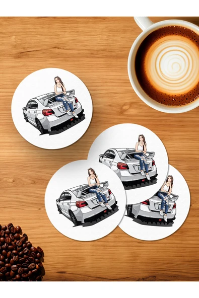 Panorama Ajans Araba Üstünde Kız 4'lü Ahşap Bardak Altlığı ürün görseli 1