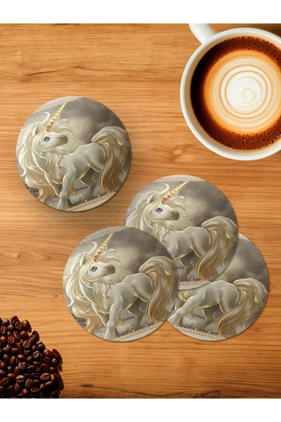 Panorama Ajans Unicorn At Beyaz 4'lü Ahşap Bardak Altlığı