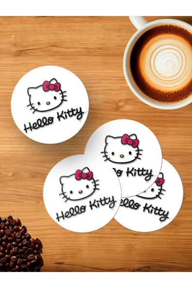 Panorama Ajans Hello Kitty Okul Öğrenci Hediye 4'lü Ahşap Bardak Altlığı