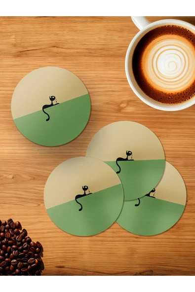 Panorama Ajans Minimal Kedi 4'lü Ahşap Bardak Altlığı ürün görseli 1