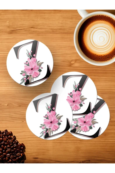 Panorama Ajans Z Harfi Baş Harf Pembe Çiçekli 4'lü Ahşap Bardak Altlığı ürün görseli 1