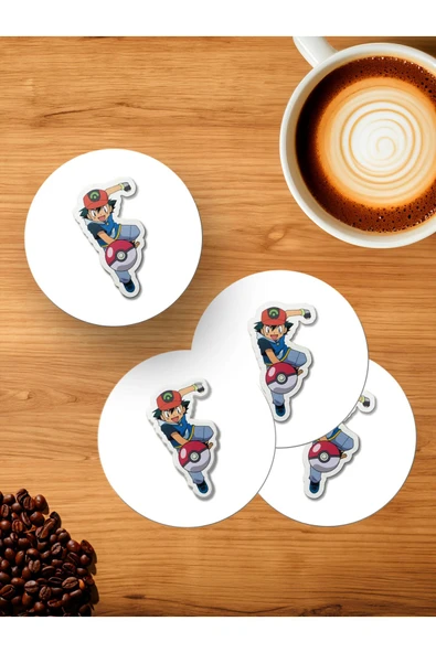 Panorama Ajans Pokemon Hayranlarına Ash Tasarım Sticker 4'lü Ahşap Bardak Altlığı ürün görseli 1