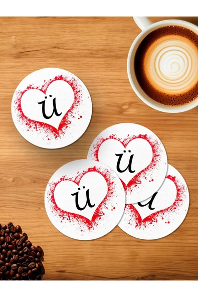 Panorama Ajans Ü Harfi Kalp 4'lü Ahşap Bardak Altlığı ürün görseli 1