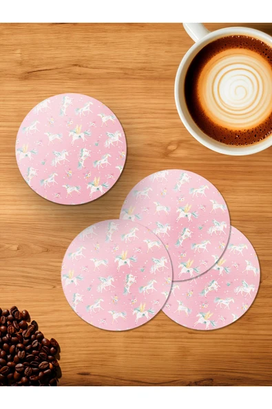 Panorama Ajans Unicorn At Çocuk pembe Sever 4'lü Ahşap Bardak Altlığı ürün görseli 1