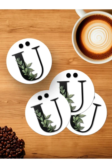 Panorama Ajans Ü Harfi Yeşil Yapraklı 4'lü Ahşap Bardak Altlığı ürün görseli 1