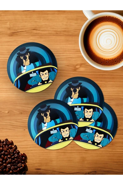 Panorama Ajans Lupin Dedektif Polis Hırsız tasarım 4'lü Ahşap Bardak Altlığı ürün görseli 1