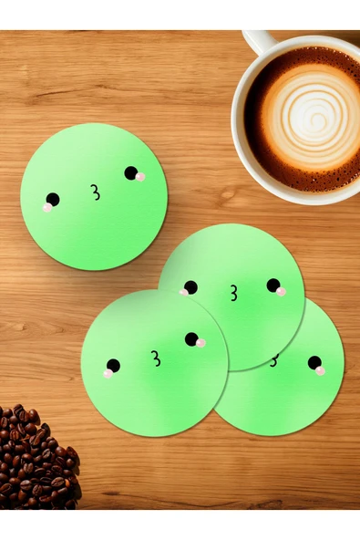 Panorama Ajans Kawaii Minimal Yeşil Cute Tatlı 4'lü Ahşap Bardak Altlığı ürün görseli 1