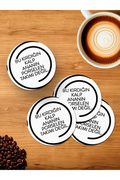 Panorama Ajans Komik Sözlü Porselen Takımı 4'lü Ahşap Bardak Altlığı ürün görseli 1