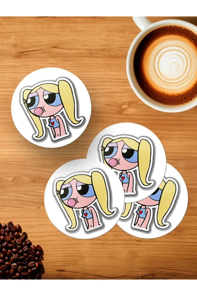Panorama Ajans Powerpuff Girls Tiki Tasarım Sticker 4'lü Ahşap Bardak Altlığı ürün görseli 1