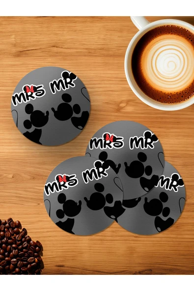 Panorama Ajans Mickey And Minnie Minimal Tasarım 4'lü Ahşap Bardak Altlığı ürün görseli 1