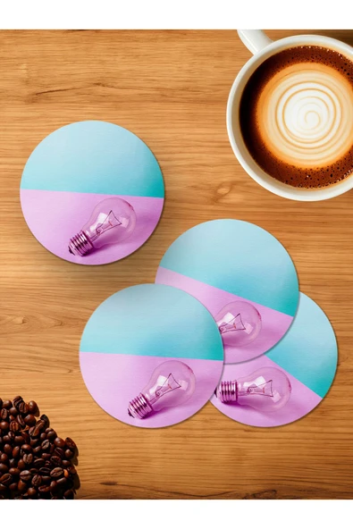 Panorama Ajans Minimal Ampul Pink Blue Tasarım 4'lü Ahşap Bardak Altlığı ürün görseli 1
