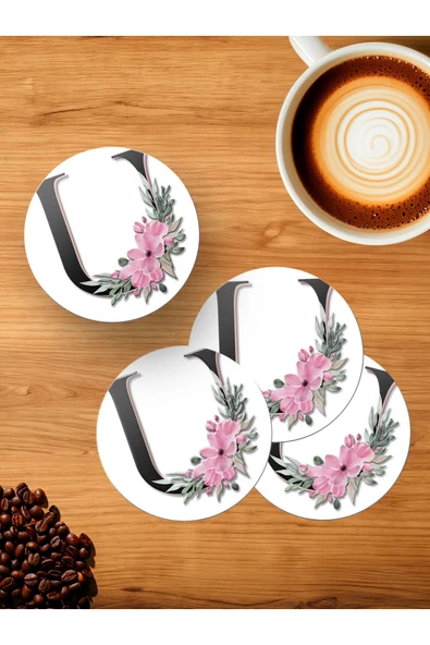 Panorama Ajans U Harfi Baş Harf Pembe Çiçekli 4'lü Ahşap Bardak Altlığı ürün görseli 1