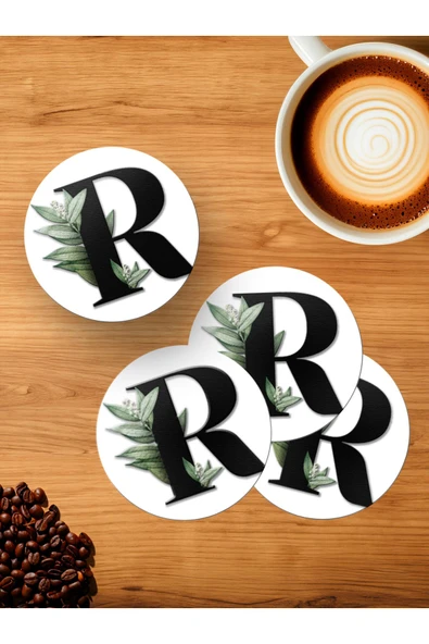 Panorama Ajans R Harfi Yeşil Yapraklı 4'lü Ahşap Bardak Altlığı ürün görseli 1
