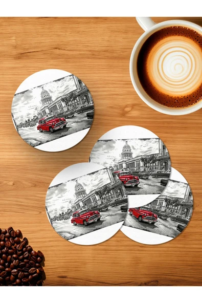 Panorama Ajans Kırmızı Klasik Araba  4'lü Ahşap Bardak Altlığı ürün görseli 1
