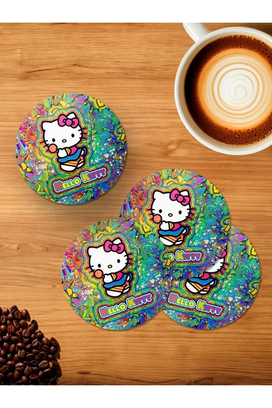 Panorama Ajans Emo Hello Kitty Renkli Hayal Dünyası Cute 4'lü Ahşap Bardak Altlığı ürün görseli 1