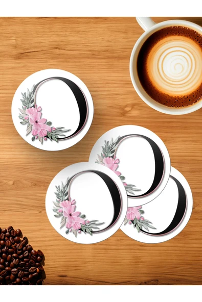 Panorama Ajans O Harfi Baş Harf Pembe Çiçekli 4'lü Ahşap Bardak Altlığı ürün görseli 1