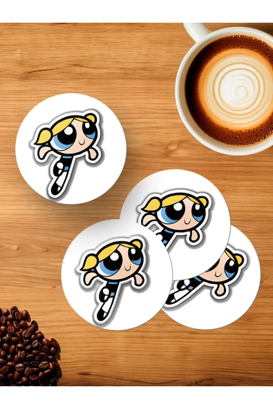 Panorama Ajans Pewerpuff Girls Severlere Blossom Sticker 4'lü Ahşap Bardak Altlığı