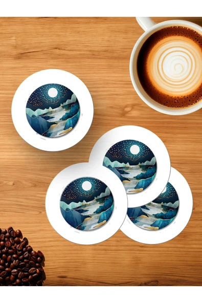 Panorama Ajans Dolunay Yakamoz Çizimli 4'lü Ahşap Bardak Altlığı ürün görseli 1