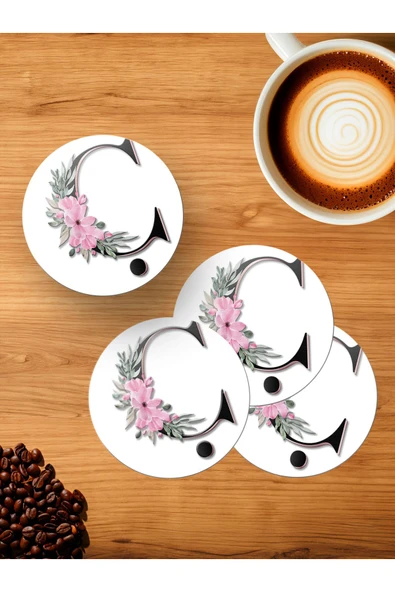 Panorama Ajans Ç Harfi Baş Harf Pembe Çiçekli 4'lü Ahşap Bardak Altlığı ürün görseli 1