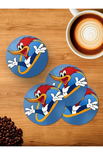 Panorama Ajans Woody Woodpecker Ağaçkakan Çizgi Film Nostalji 4'lü Ahşap Bardak Altlığı