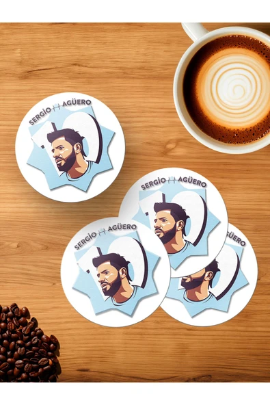 Panorama Ajans Sergio Aguero Portre Futbolcu Tasarımı 4'lü Ahşap Bardak Altlığı ürün görseli 1