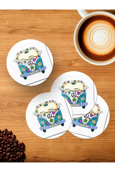 Panorama Ajans Hippi Mod Peace Woswos Minibüs Tasarım 4'lü Ahşap Bardak Altlığı ürün görseli 1