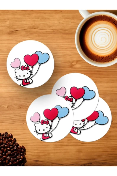 Panorama Ajans Hello Kitty Uçan Balon Tatlı 4'lü Ahşap Bardak Altlığı ürün görseli 1
