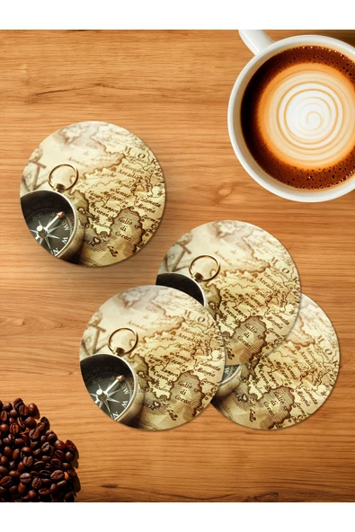 Panorama Ajans Pusula Harita Eski Tarz 4'lü Ahşap Bardak Altlığı ürün görseli 1