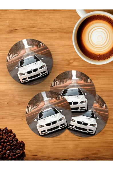 Panorama Ajans BMW M3 Beyaz 4'lü Ahşap Bardak Altlığı ürün görseli 1