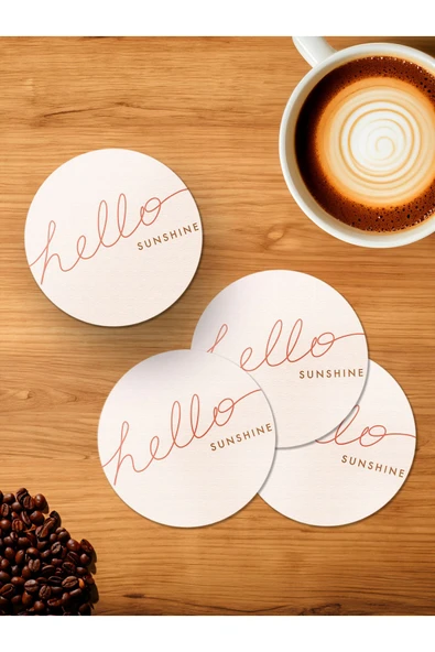 Panorama Ajans Hello Sunshine Merhaba Güneş Işığı Pastel Cute Tatlı tasarım 4'lü Ahşap Bardak Altlığı ürün görseli 1
