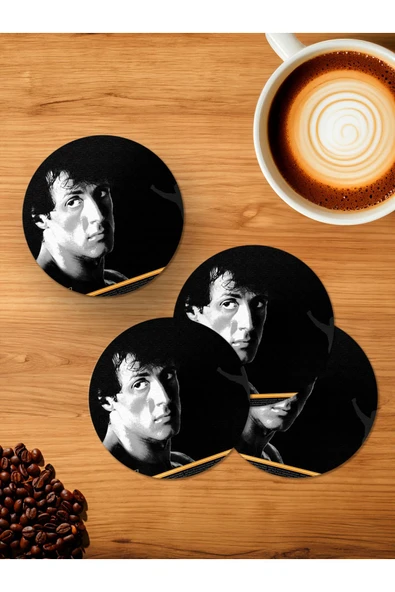 Panorama Ajans Rocky Balboa Sylvester Stallone Film Nostalji 4'lü Ahşap Bardak Altlığı