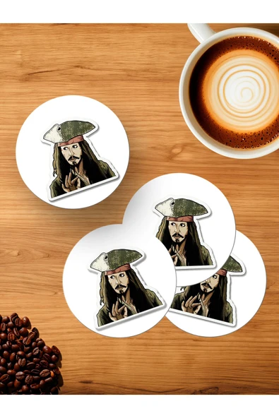 Panorama Ajans Karayip Korsanları Severlere Jack Sparrow Sticker 4'lü Ahşap Bardak Altlığı - 1