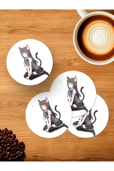 Panorama Ajans Mini Etek Kedi Kız Cat Girl Kız Arkadaşa Hediye 4'lü Ahşap Bardak Altlığı ürün görseli 1