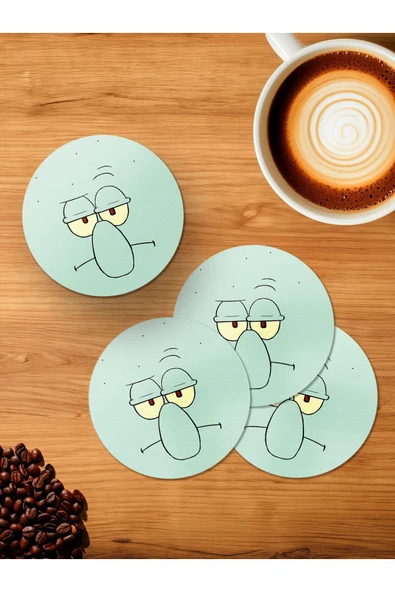 Panorama Ajans Sunger Sünger Bob Squidward Minimal 4'lü Ahşap Bardak Altlığı ürün görseli 1