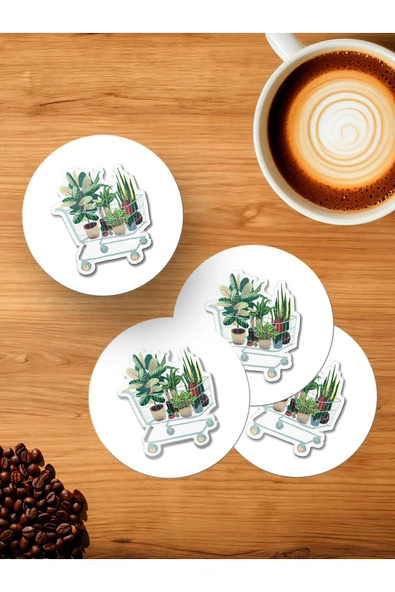 Panorama Ajans Çiçek Arabası Saksı Sticker 4'lü Ahşap Bardak Altlığı ürün görseli 1