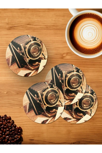 Panorama Ajans Retro Fotoğraf Makinesi Nostalji Vintage 4'lü Ahşap Bardak Altlığı ürün görseli 1