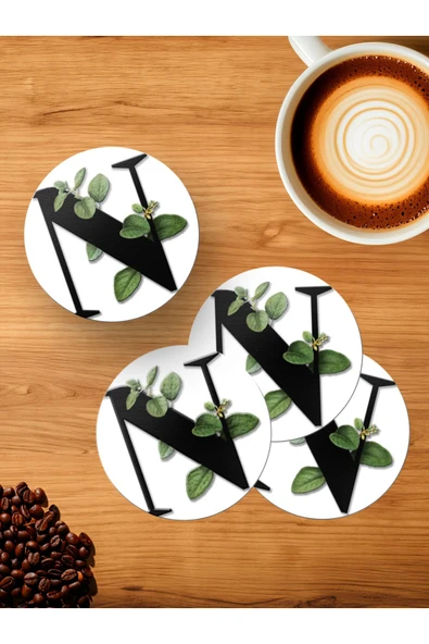 Panorama Ajans N Harfi Yeşil Yapraklı 4'lü Ahşap Bardak Altlığı ürün görseli 1
