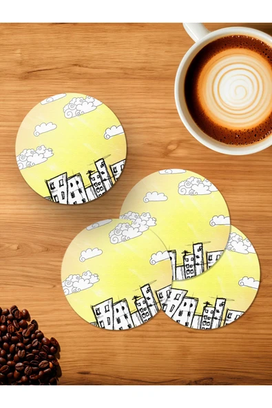Panorama Ajans Doodle City Tasarım 4'lü Ahşap Bardak Altlığı