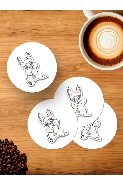 Panorama Ajans Laborant Tavşan Stikcer Tasarım 4'lü Ahşap Bardak Altlığı ürün görseli 1
