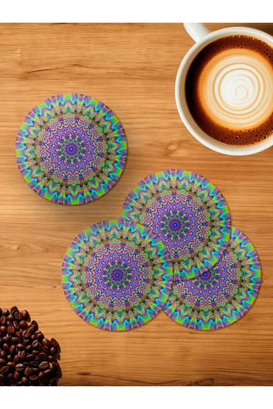 Panorama Ajans Mandala Halüsinasyon Renkli Gökkuşağı 4'lü Ahşap Bardak Altlığı
